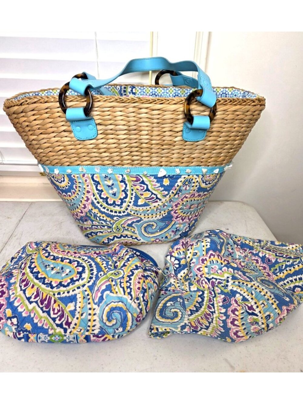 Vera Bradley Straw Tote Set Matching Quilted Paisley Hat/Bag Blue Floral Retired